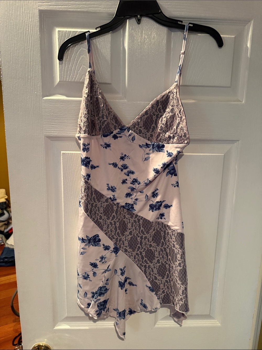 White Fox Boutique Pink Slip Dress with Blue Floral & Gray Lace Panels